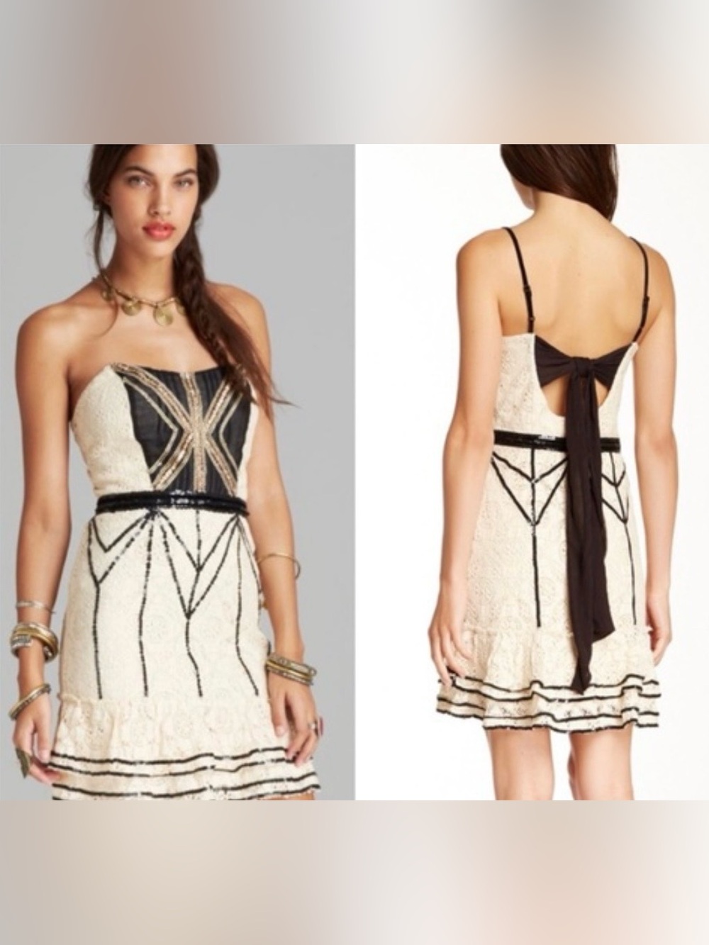 FREE PEOPLE - Cream Black Lace Sequin Coquette Mini Dress Size 6